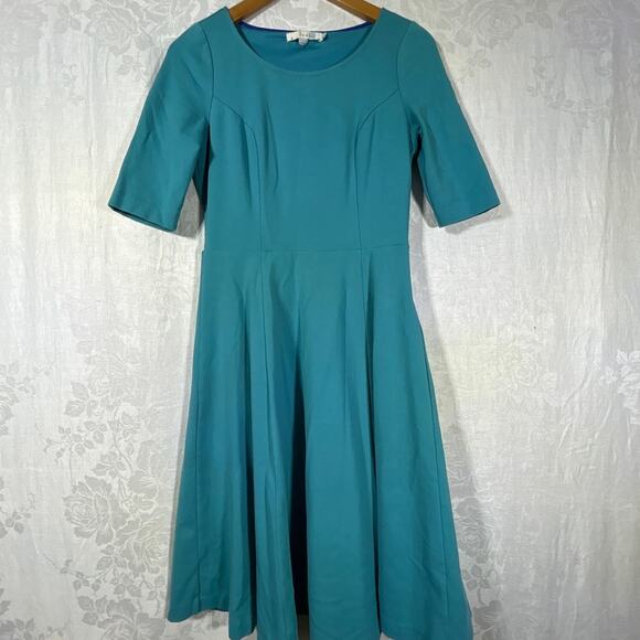 Boden Dresses & Skirts - Boden Dress 6 LONG Blue Jersey Heavyweight Fit and Flare Half Sleeve Side Zip